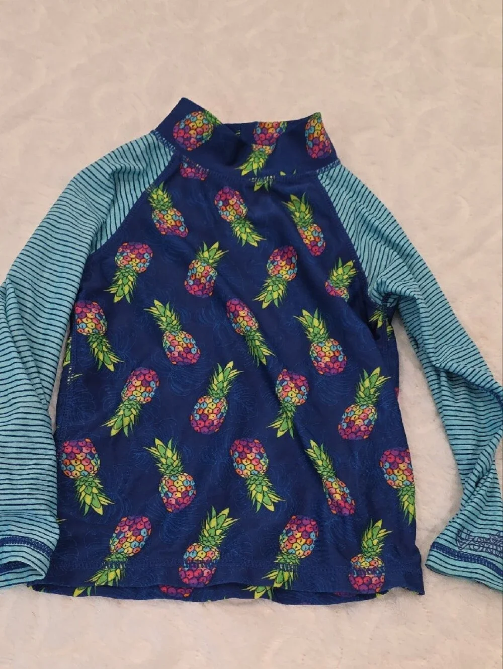 Girls Navy Pineapple Print Rash Guard Set with Sun Hat